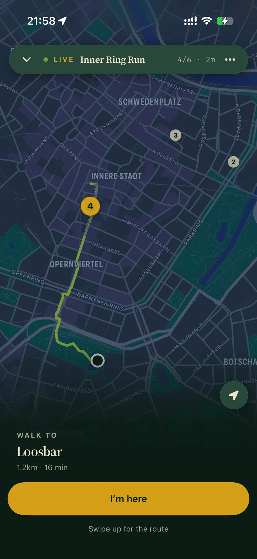 Active crawl in After Dark: a dark map with a gold current-stop pin, a green walking route, and a walk-to plate showing distance and minutes to the next bar.