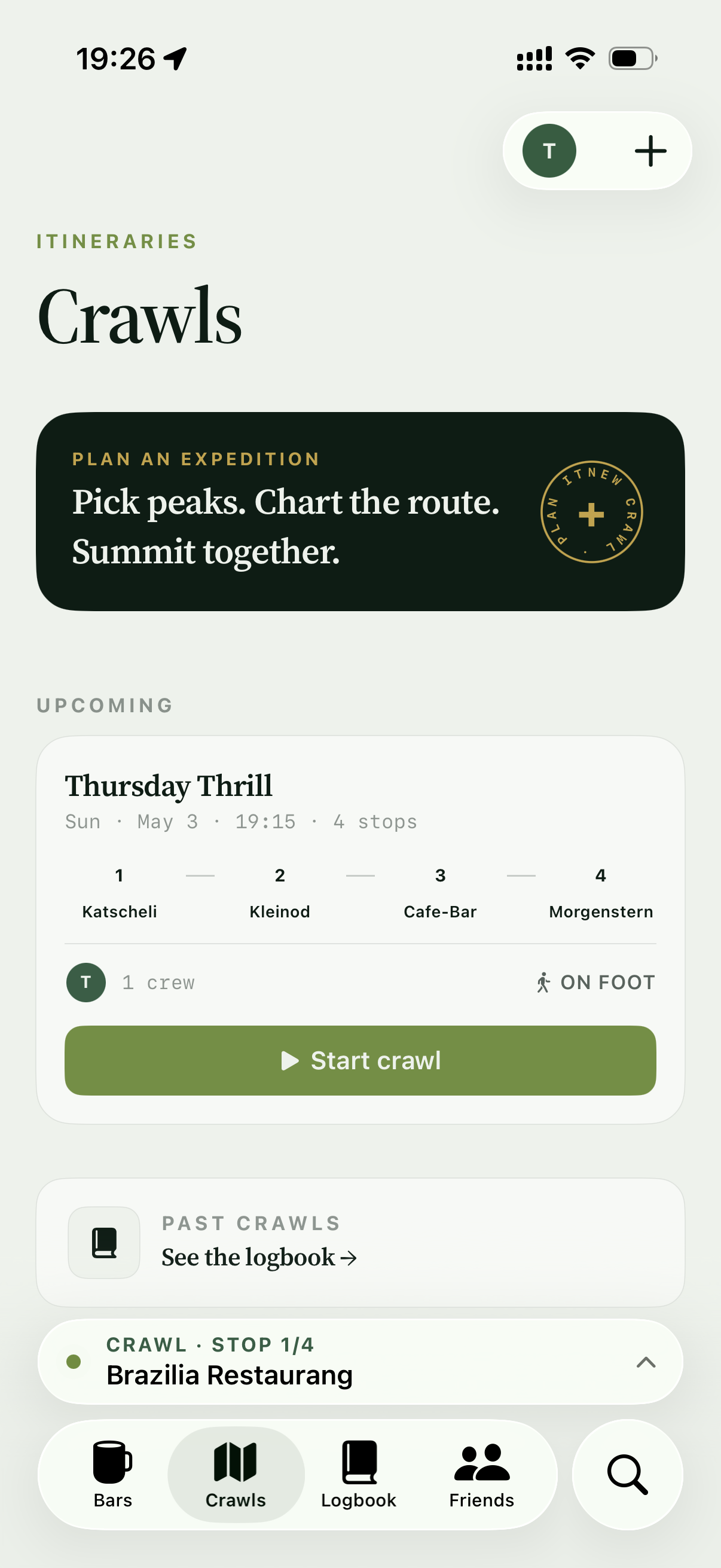 Beisl Crawls screen showing an upcoming itinerary