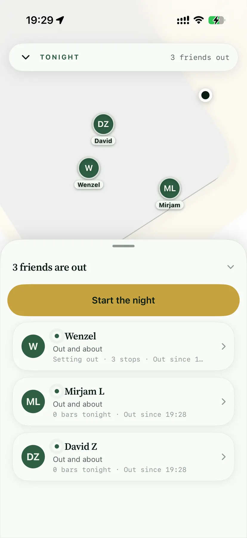 Beisl friends map: three named friend bubbles on a daylight map, a pull-up sheet reading three friends are out, and a gold Start the night button.