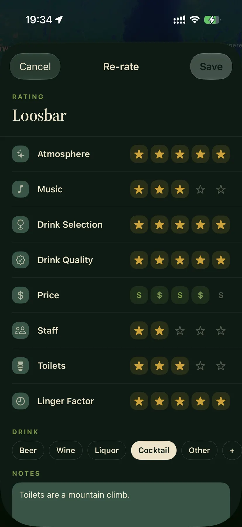 Rating sheet in After Dark: eight criteria — atmosphere, music, drink selection, drink quality, price, staff, toilets, linger factor — each with a star row.
