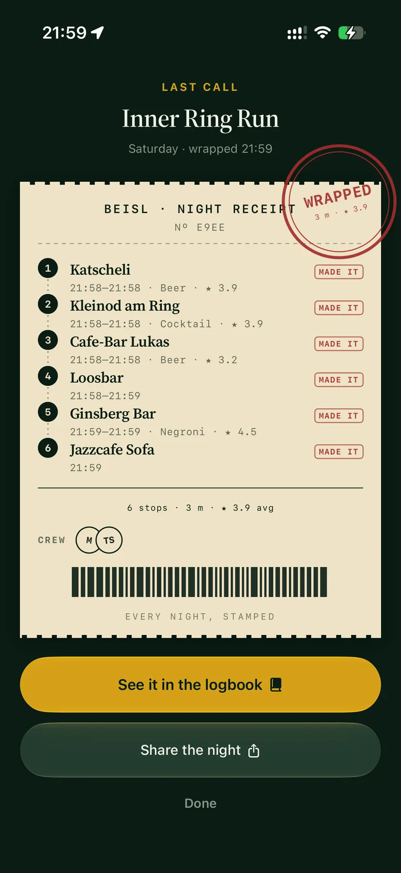 Night receipt: a parchment ticket listing every stop with times, drinks and ratings, a wrapped stamp, the crew, and a barcode.